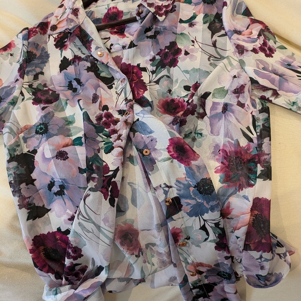 T Tahari Floral Stripe Snap Front Blouse Satin M - Picture 11 of 14